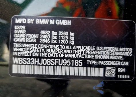 2025 BMW M3 Competition z USA, uszkodzony, nr VIN WBS33HJ08SFU95185